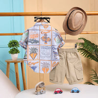 Boys Khaki Printed Short Sleeves Shirt With Cargo Shorts Sets Sets