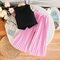 Girls Pink Applique Embroidered Top With Pleated Pants Sets Sets