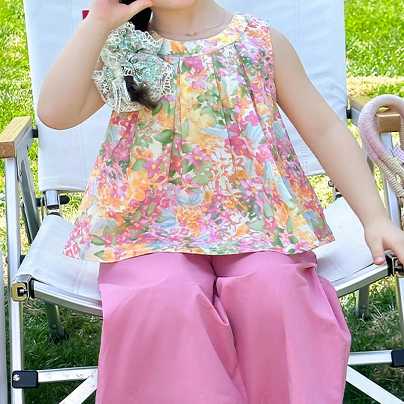 Girls Pink Floral Print Sleeveless Top With Wide-Leg pants Sets Sets
