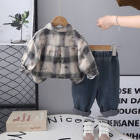 Boys Beige Checked Shirt With T-Shirt & Denim Pants Set Sets