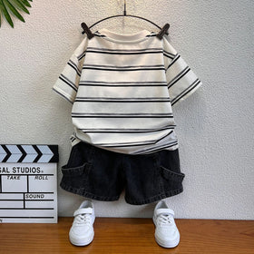 Boys Black Short Sleeve Striped T-Shirt With Denim Shorts Sets 2 pc. Sets