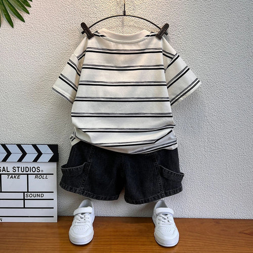 Boys Black Short Sleeve Striped T-Shirt With Denim Shorts Sets 2 pc. Sets
