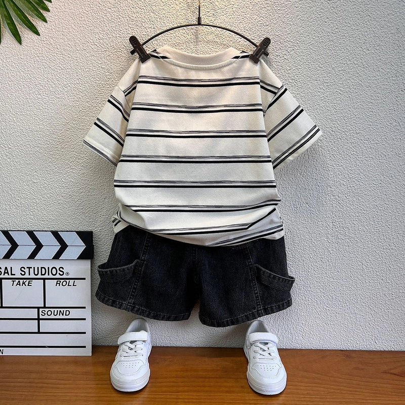 Boys Black Short Sleeve Striped T-Shirt With Denim Shorts Sets 2 pc. Sets