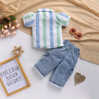 Girls Green Stripes Short Sleeve Shirt With Denim Capri Sets 2 pc. Sets