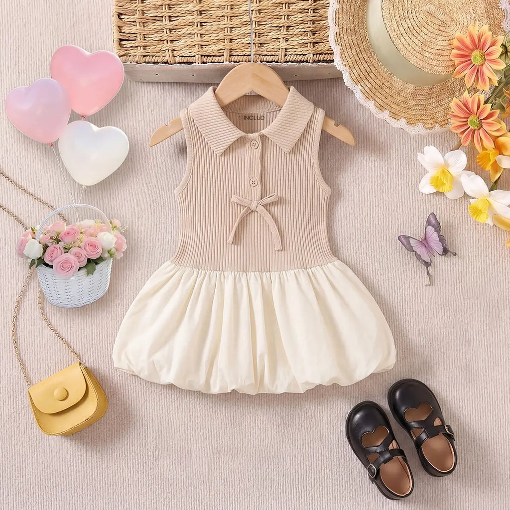 Girls Beige Sleeveless Ribbed Shirt Collar Drop Waist Dress Casual Dresses Beige 1-2 Y