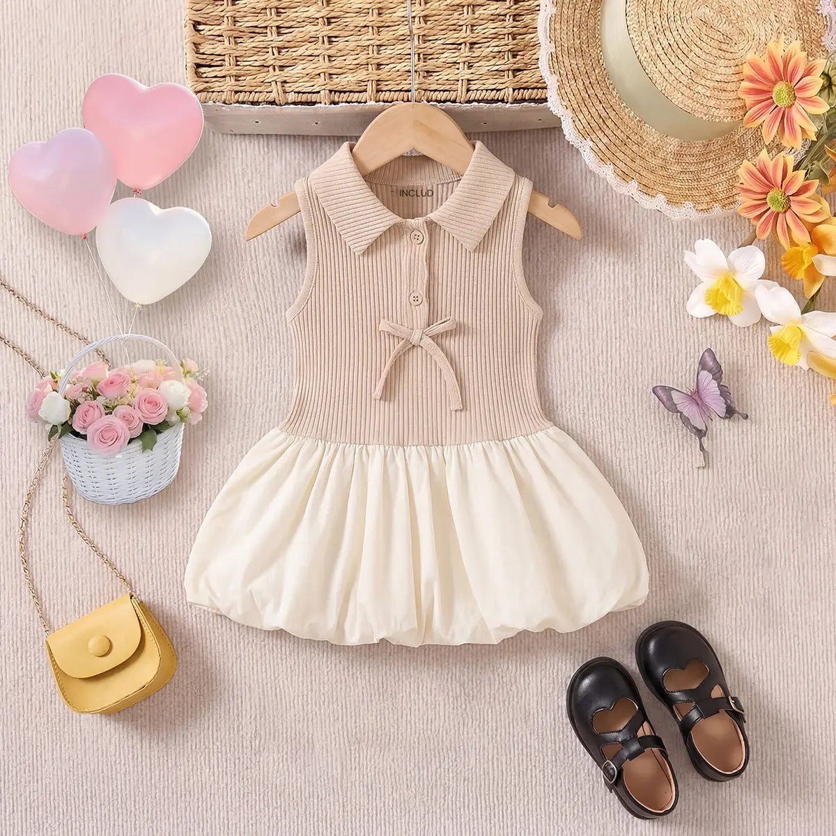 Girls Beige Sleeveless Ribbed Shirt Collar Drop Waist Dress Casual Dresses Beige 1-2 Y