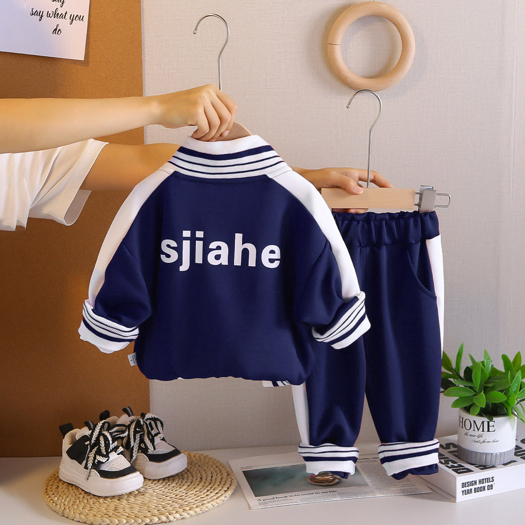 Boys Navy Blue Typographic Printed Front Open Jacket With T-Shirt & Joggers Set Sets