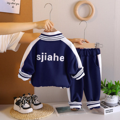 Boys Navy Blue Typographic Printed Front Open Jacket With T-Shirt & Joggers Set Sets