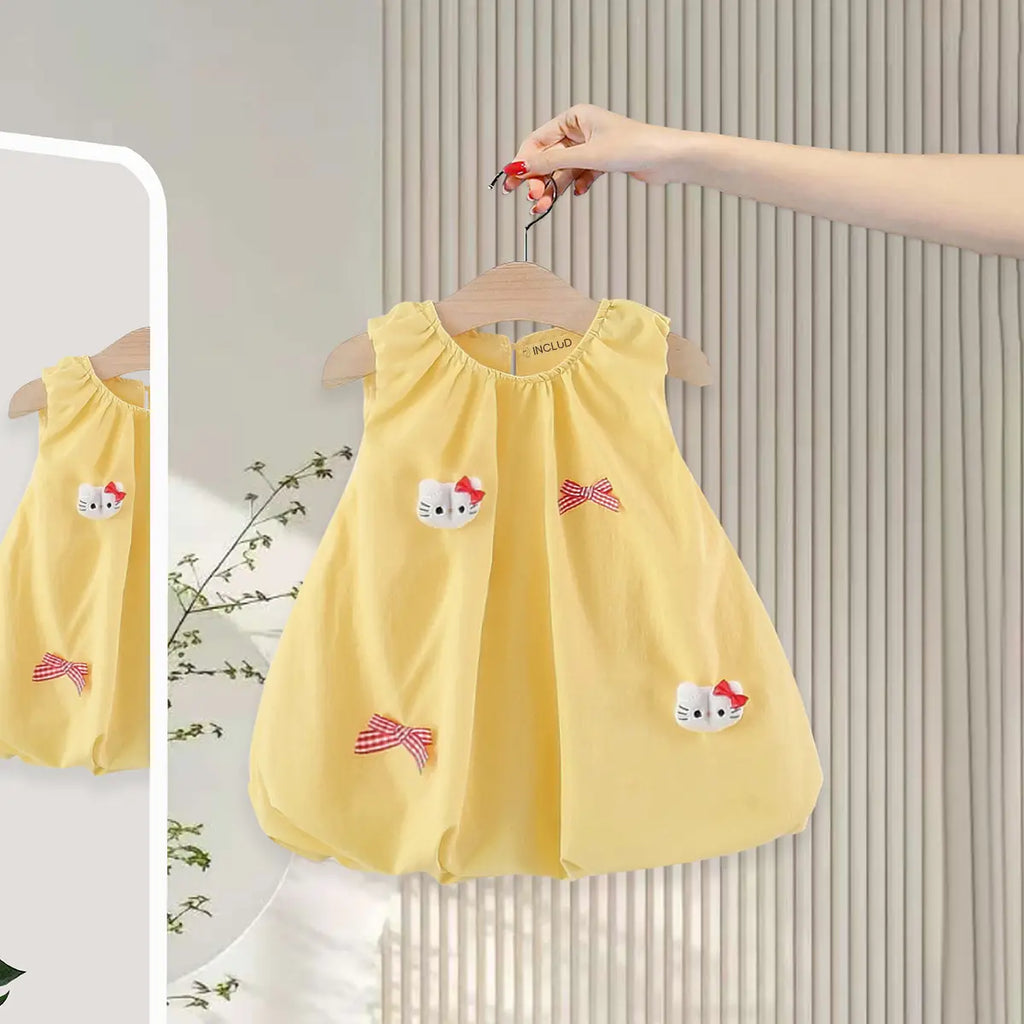 Girls Yellow Kitty Applique Balloon Dress Casual Dresses Yellow 1-2 Y