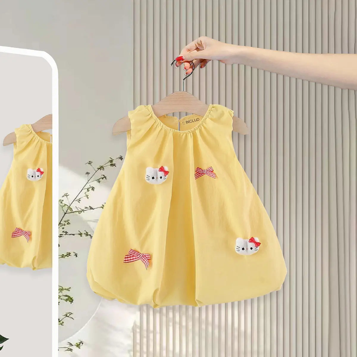 Girls Yellow Kitty Applique Balloon Dress Casual Dresses Yellow 1-2 Y