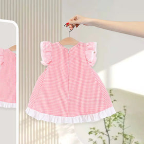 Girls Light Pink Checked Short Sleeve Fit & Flare Dress Casual Dresses
