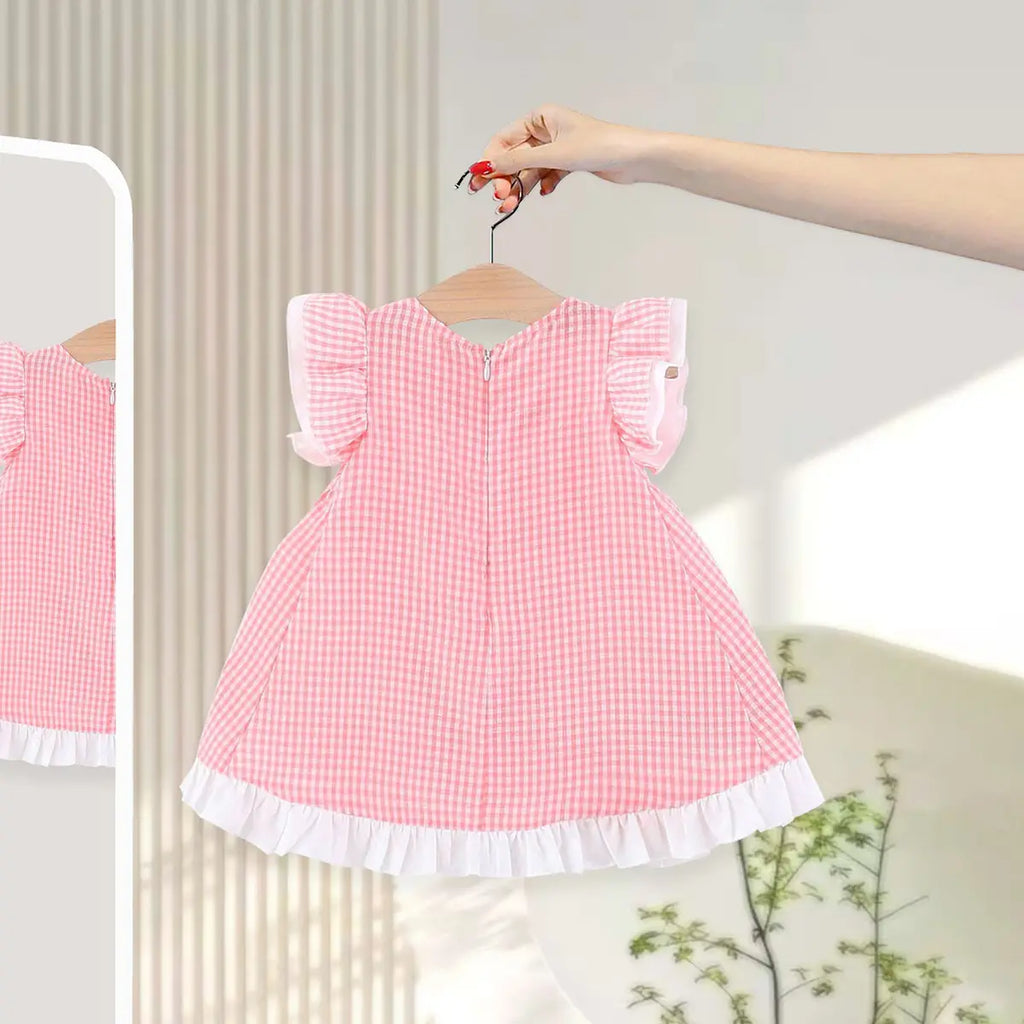 Girls Light Pink Checked Short Sleeve Fit & Flare Dress Casual Dresses