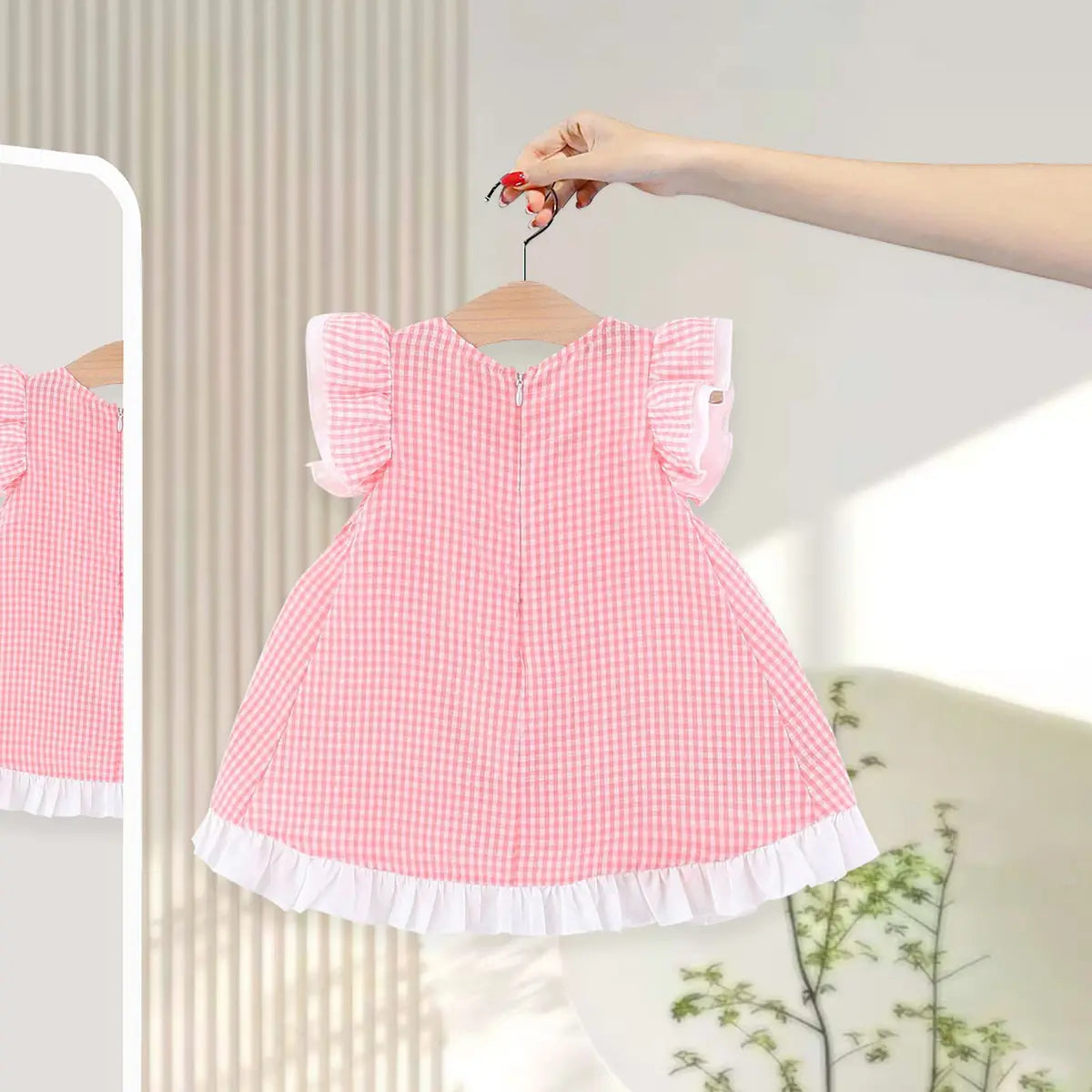 Girls Light Pink Checked Short Sleeve Fit & Flare Dress Casual Dresses
