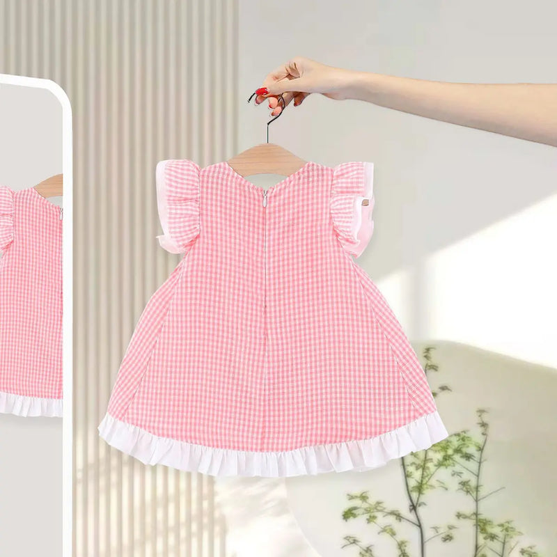 Girls Light Pink Checked Short Sleeve Fit & Flare Dress Casual Dresses