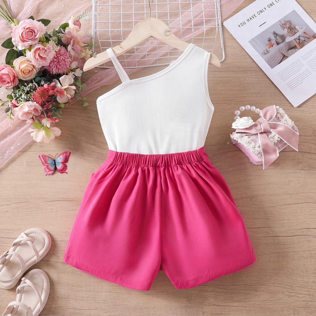 Girls White Floral Applique Ribbed Sleeveless Top With Shorts Sets 2 pc. Sets