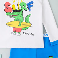 Boys White Graphics Long Sleeves T-Shirt & Short Swimwear Sets Beachwear