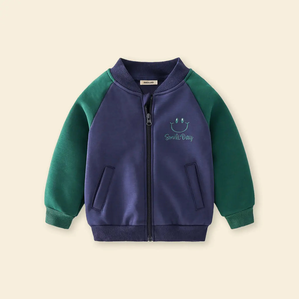 Boys Navy Blue Smiley Printed Varsity Jacket With Raglan Sleeves Coats & Jackets
