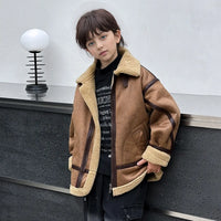 Boys Brown Faux Leather Heavy Jacket With Fleece Lining Coats & Jackets