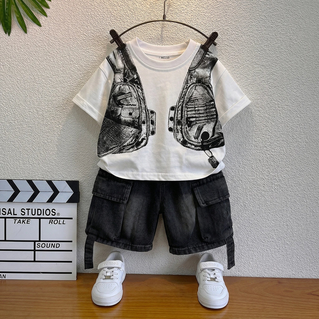 Boys Black Short Sleeve Graphic Print T-Shirt With Denim Shorts Sets 2 pc. Sets Black 1-2 Y