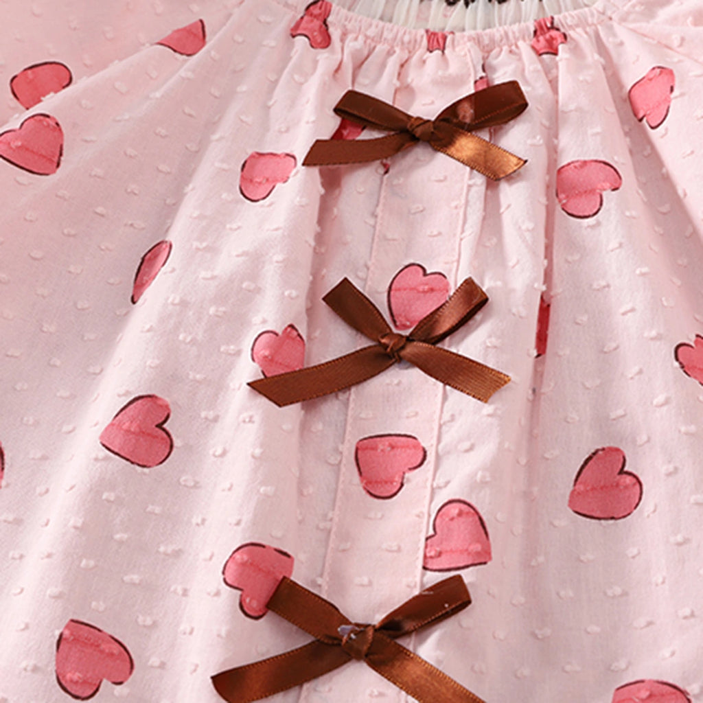 Girls Pink Heart Print Bow Applique Top With Shorts Set Sets