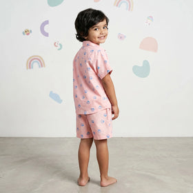 Boys Pink Seashell Printed Short Sleeve Shirt With Printed Elasticated Shorts Sets Sets