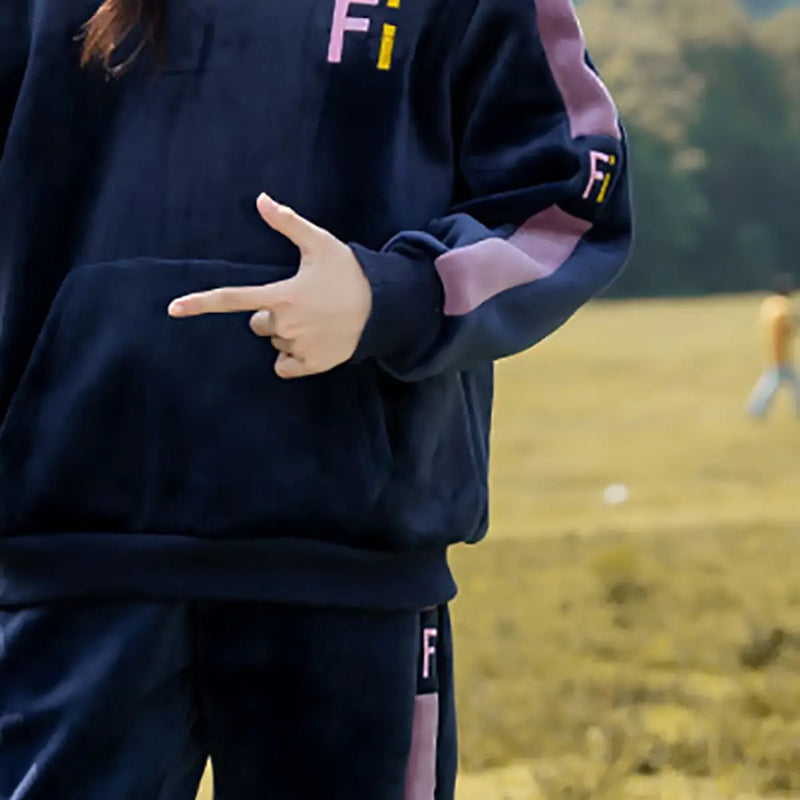 Girls Navy Blue Fi Letters Printed Sweatshirt With Hooded Vest & Jogger Co-ord Sets Sets