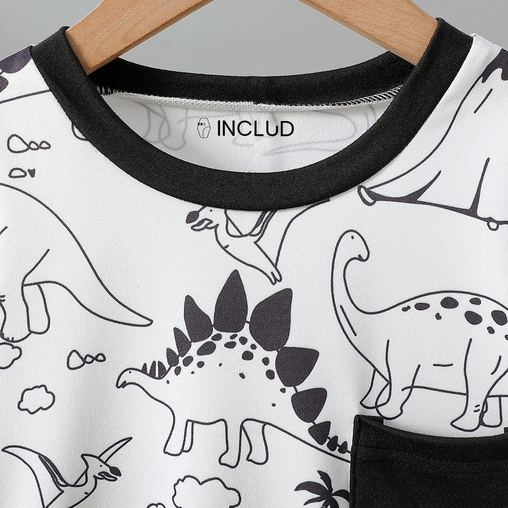 Boys White Dinosaur Print Short Sleeves T-Shirt With Shorts Set Sets