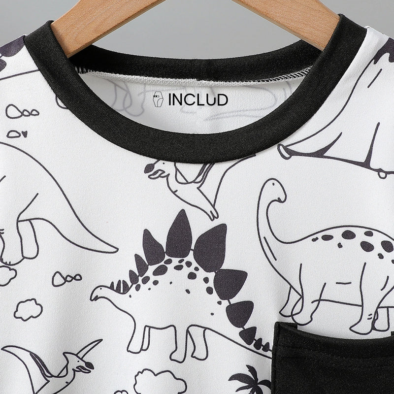 Boys White Dinosaur Print Short Sleeves T-Shirt With Shorts Set Sets