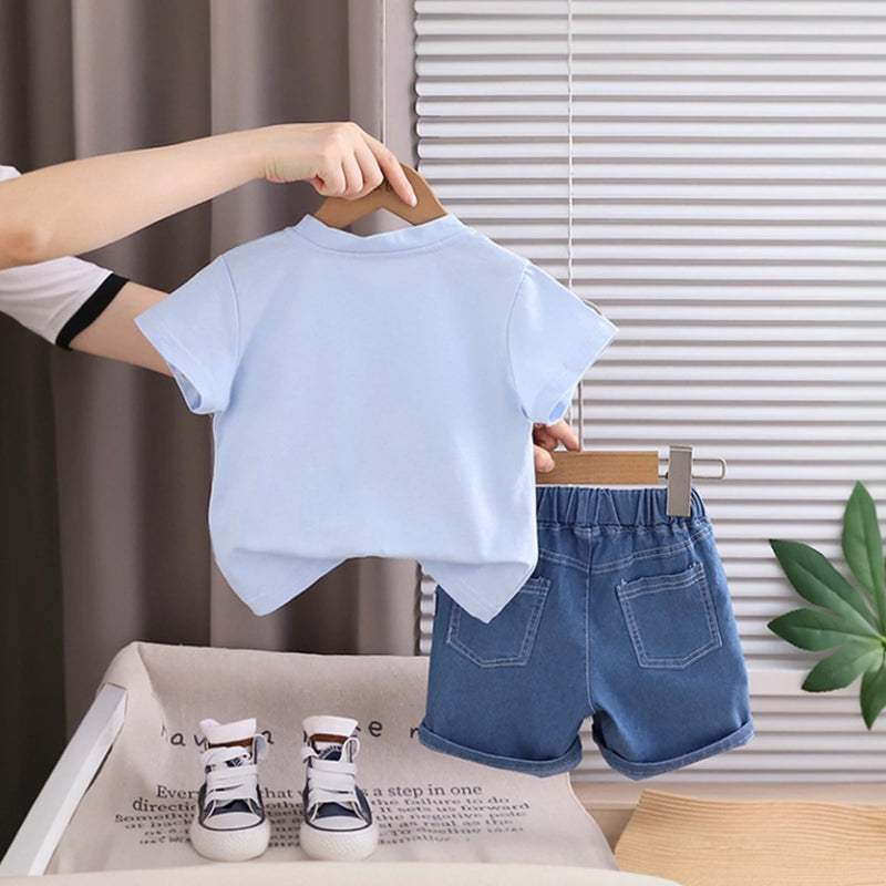 Boys Sky Blue Bear Applique T-Shirt With Denim Shorts Sets 2 pc. Sets