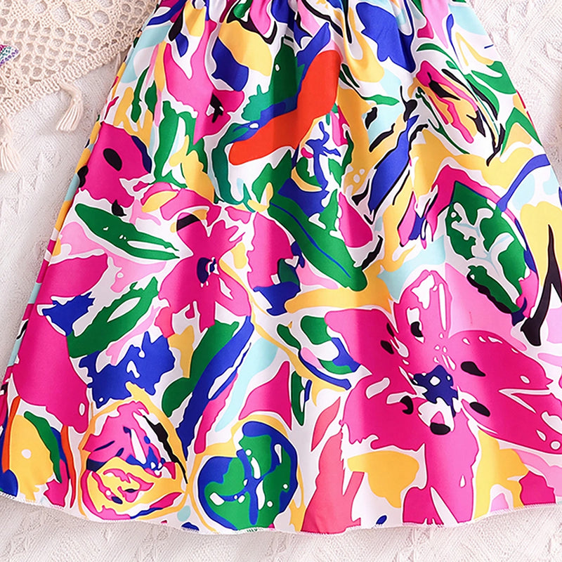 Girls Pink Floral Print Sleeveless Fit & Flare Dress Casual Dresses