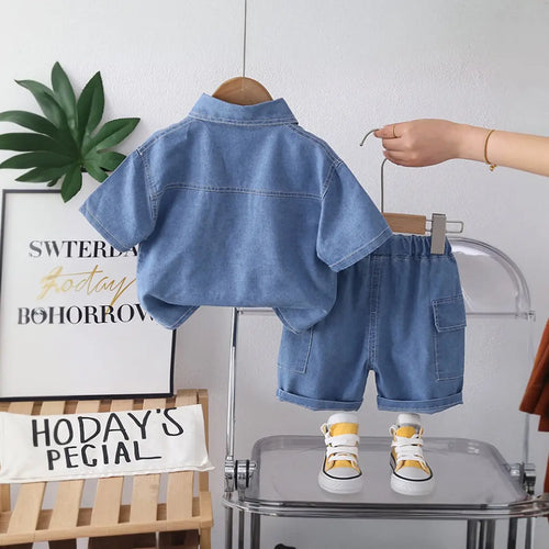 Boys Light Blue Washed Denim Shirt With Shorts Sets Sets
