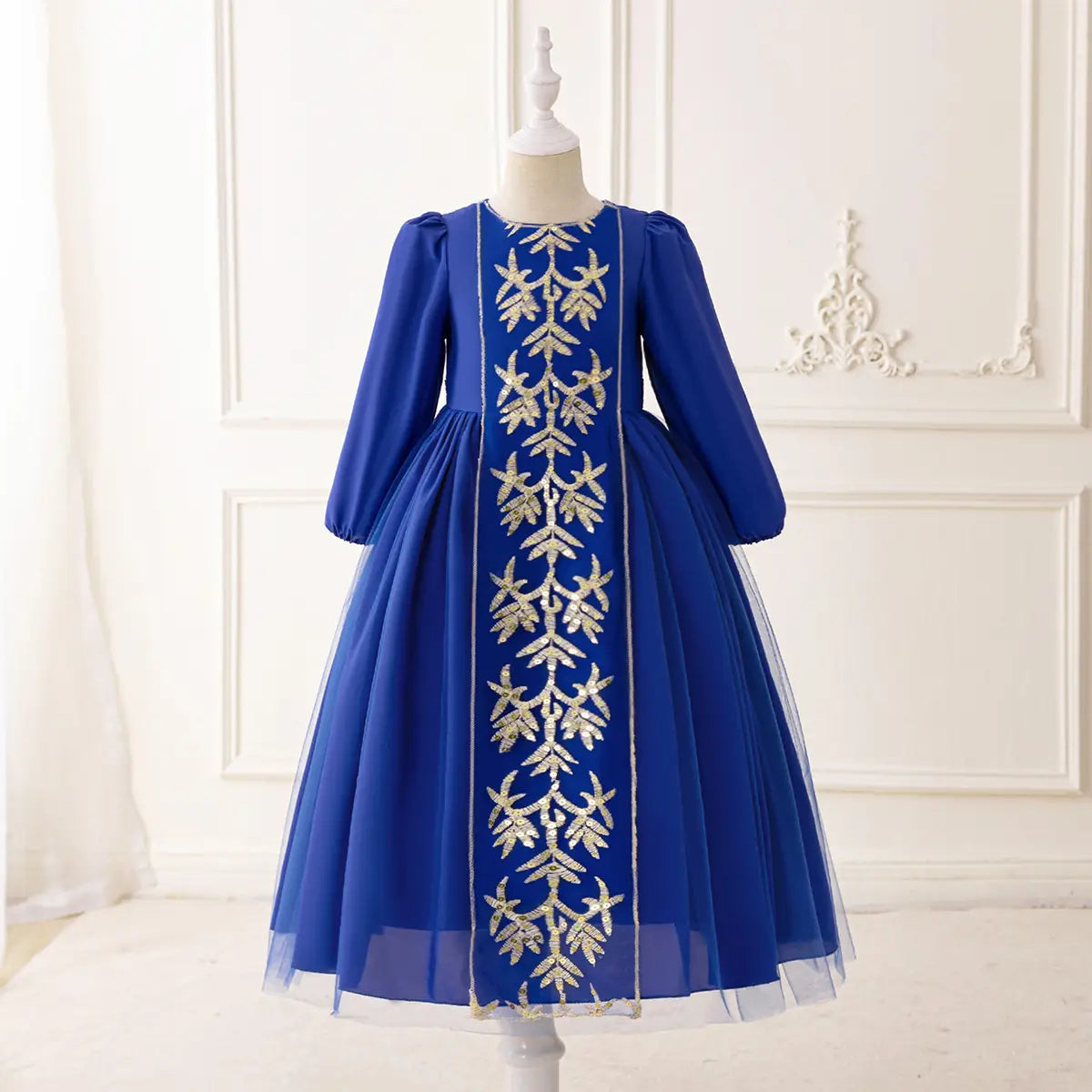 Girls Blue Embroidered Maxi Dress With Puff Sleeves Casual Dresses Blue 3-4 Y