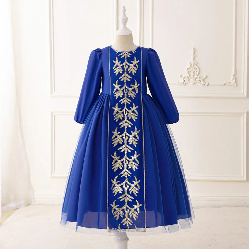 Girls Blue Embroidered Maxi Dress With Puff Sleeves Casual Dresses Blue 3-4 Y