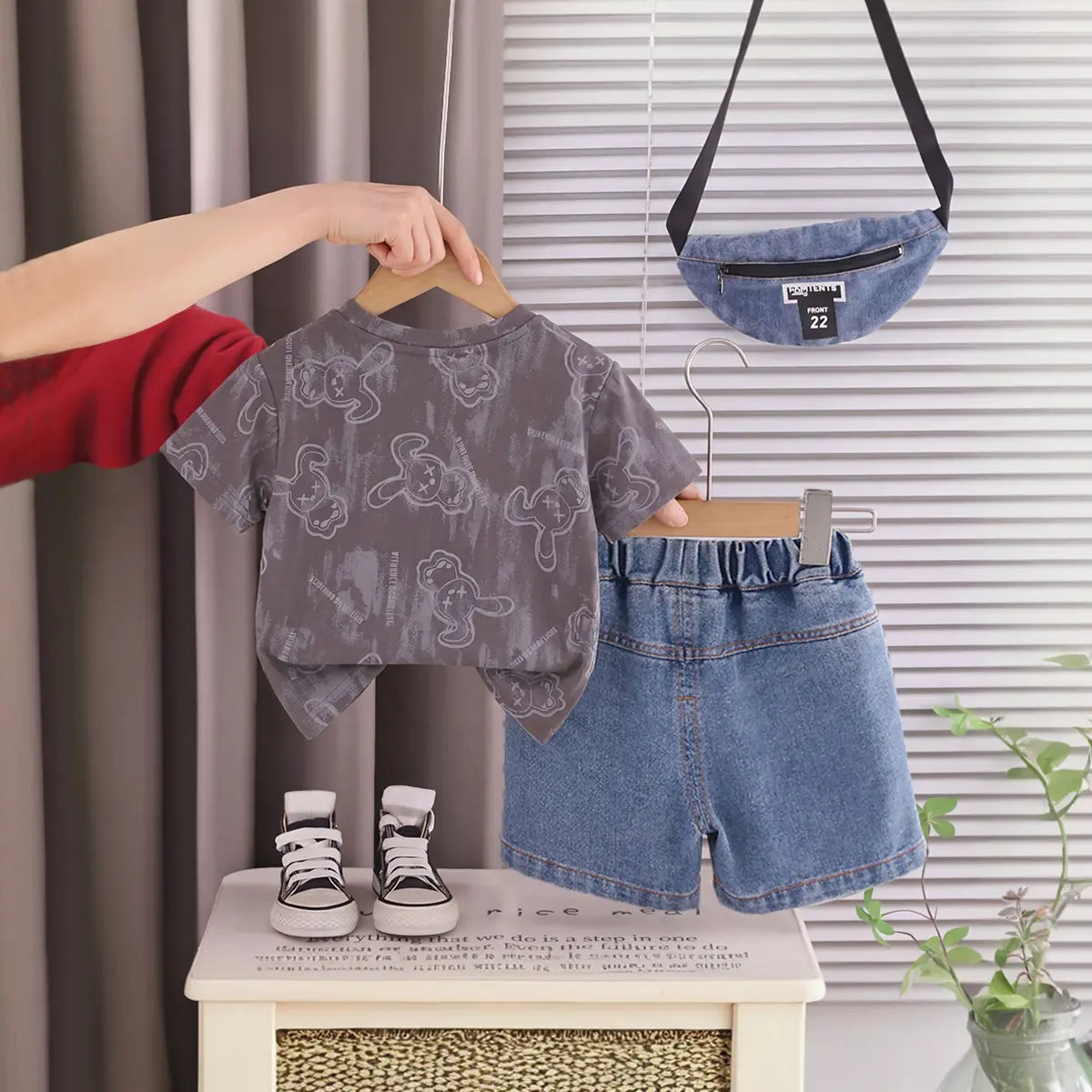 Boys Grey Bunny Printed Short Sleeve T-Shirt With Ripped Denim Shorts Sets 2 pc. Sets