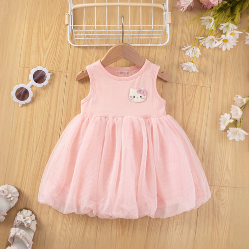 Girls Pink Sleeveless Kitty Applique Balloon Dress Casual Dresses Pink 1-2 Y