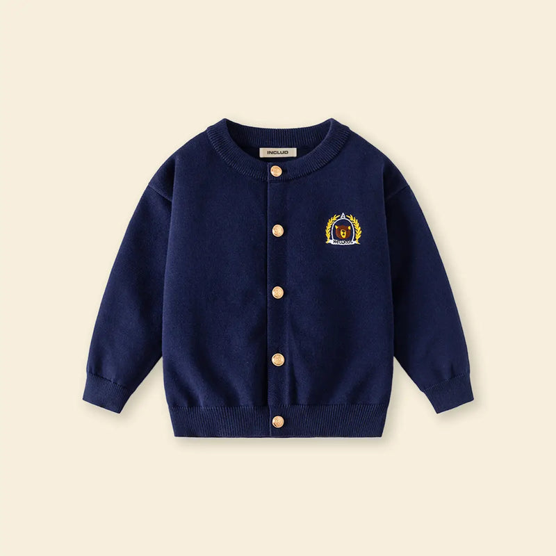 Girls Navy Blue Bear Face Embroidered Button Down Knitted Cardigan Sweaters & Cardigans