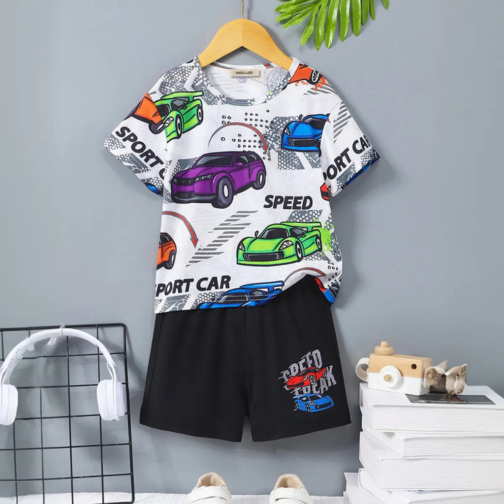 Boys White Car Printed Short Sleeves T-Shirt With Shorts Set Sets White 3-4 Y