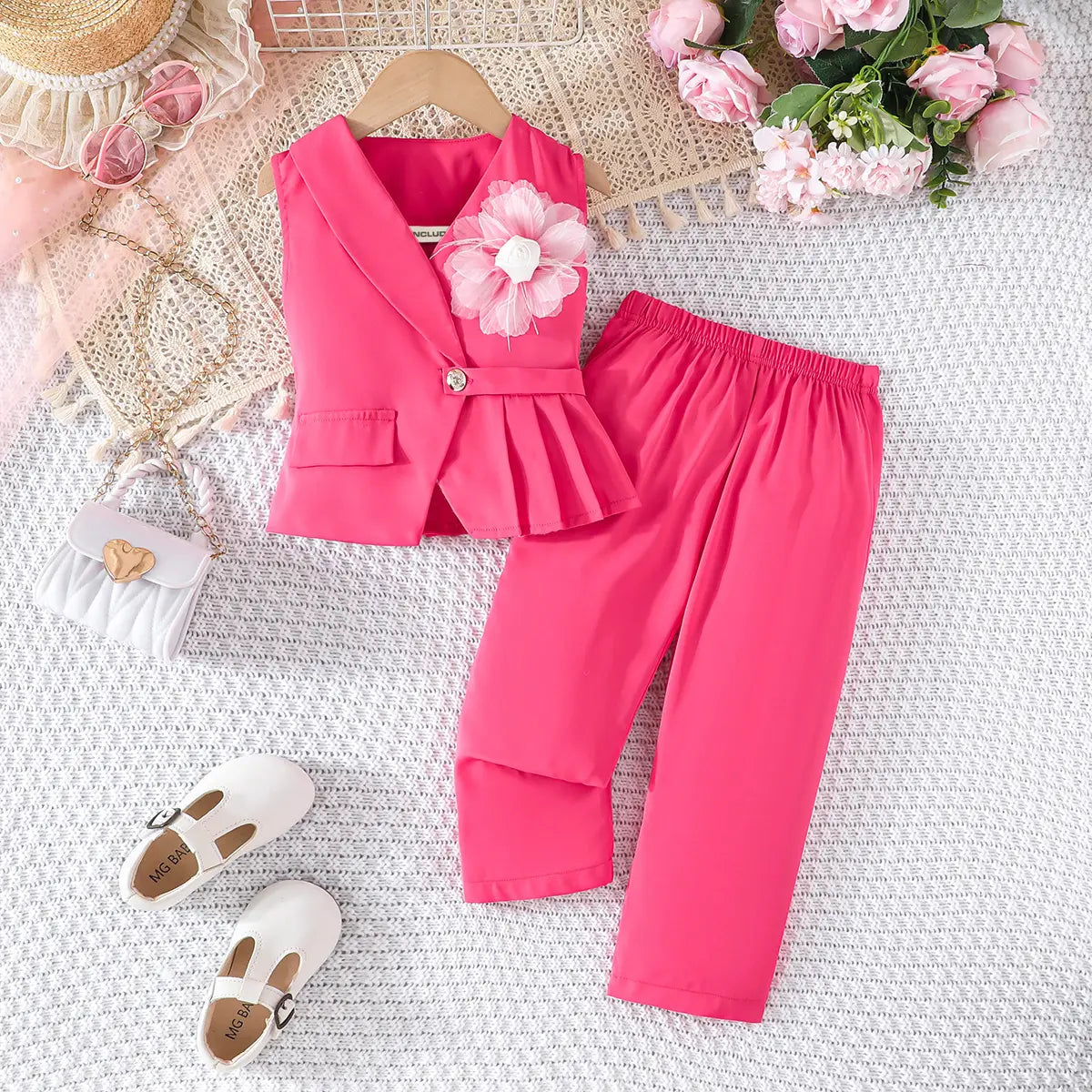 Girls Fuchsia Flower Applique Sleeveless Vest With Pants Co-ord Sets Sets Fuchsia 2-3 Y