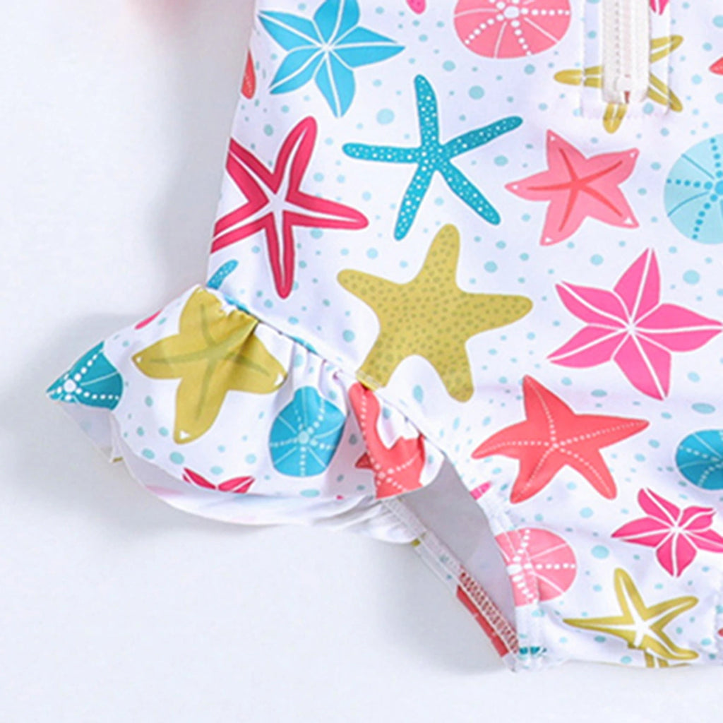 Girls Pink Star Print Half Zipper Swimwear Bodysuit Beachwear