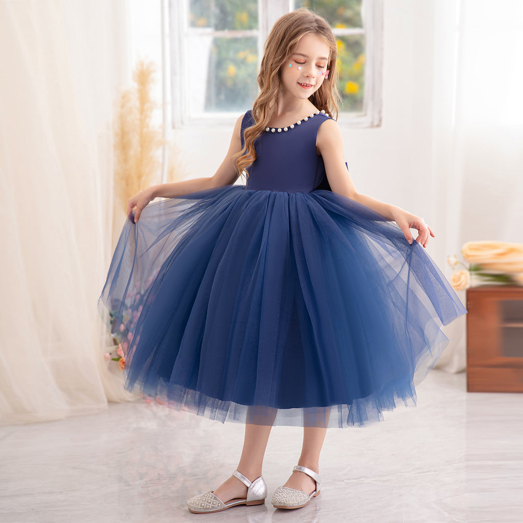 navy blue girls dress Girls Navy Blue Beaded Neck Party Dress with Statement Back Bow – INCLUD