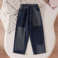 Girls Dark Blue Patchwork Style Denim Pants Jeans Dark Blue 2-3 Y