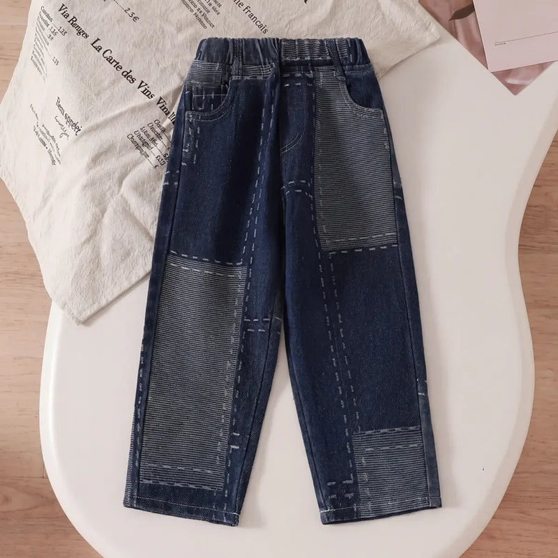Girls Dark Blue Patchwork Style Denim Pants Jeans Dark Blue 2-3 Y