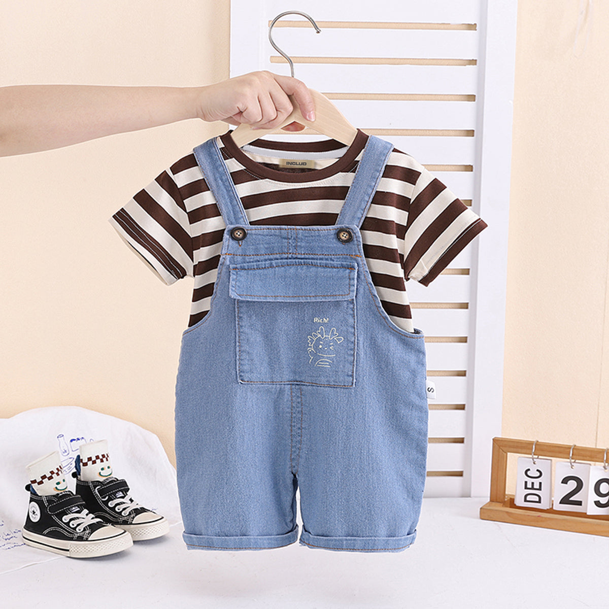 Boys Dark Brown Striped Short Sleeves T-Shirt With Denim Dungaree Set 2 pc. Sets Dark Brown 1-2 Y