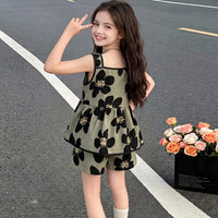 Girls Olive Green Floral Print Square Neck Top With Elasticated Shorts Sets 2 pc. Sets