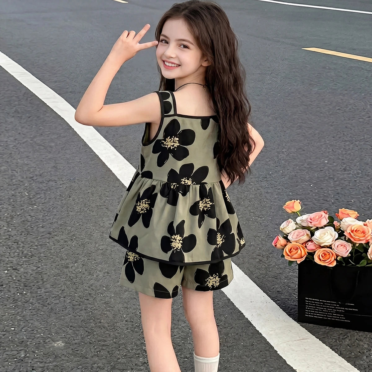 Girls Olive Green Floral Print Square Neck Top With Elasticated Shorts Sets 2 pc. Sets