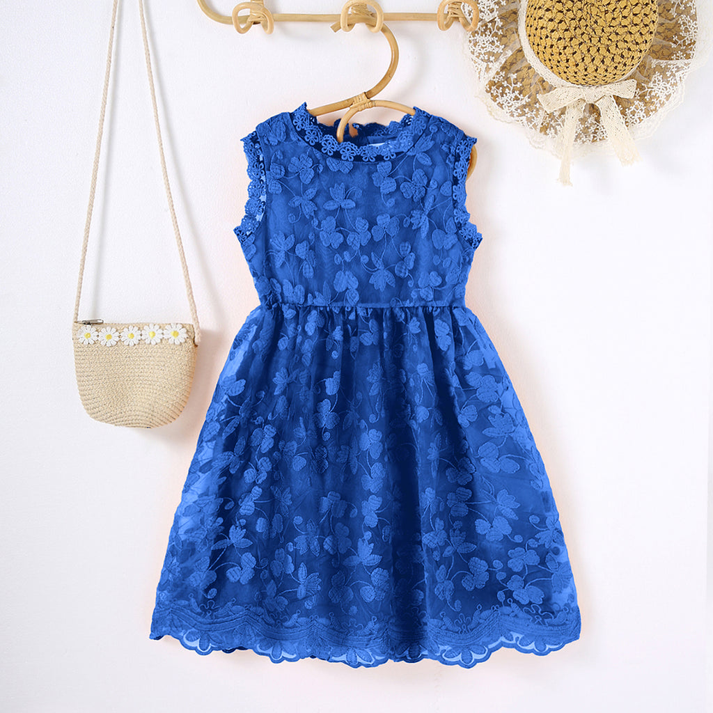 Girls Blue Sleeveless Floral Embroidered Lace Border Scalloped Dress Casual Dresses