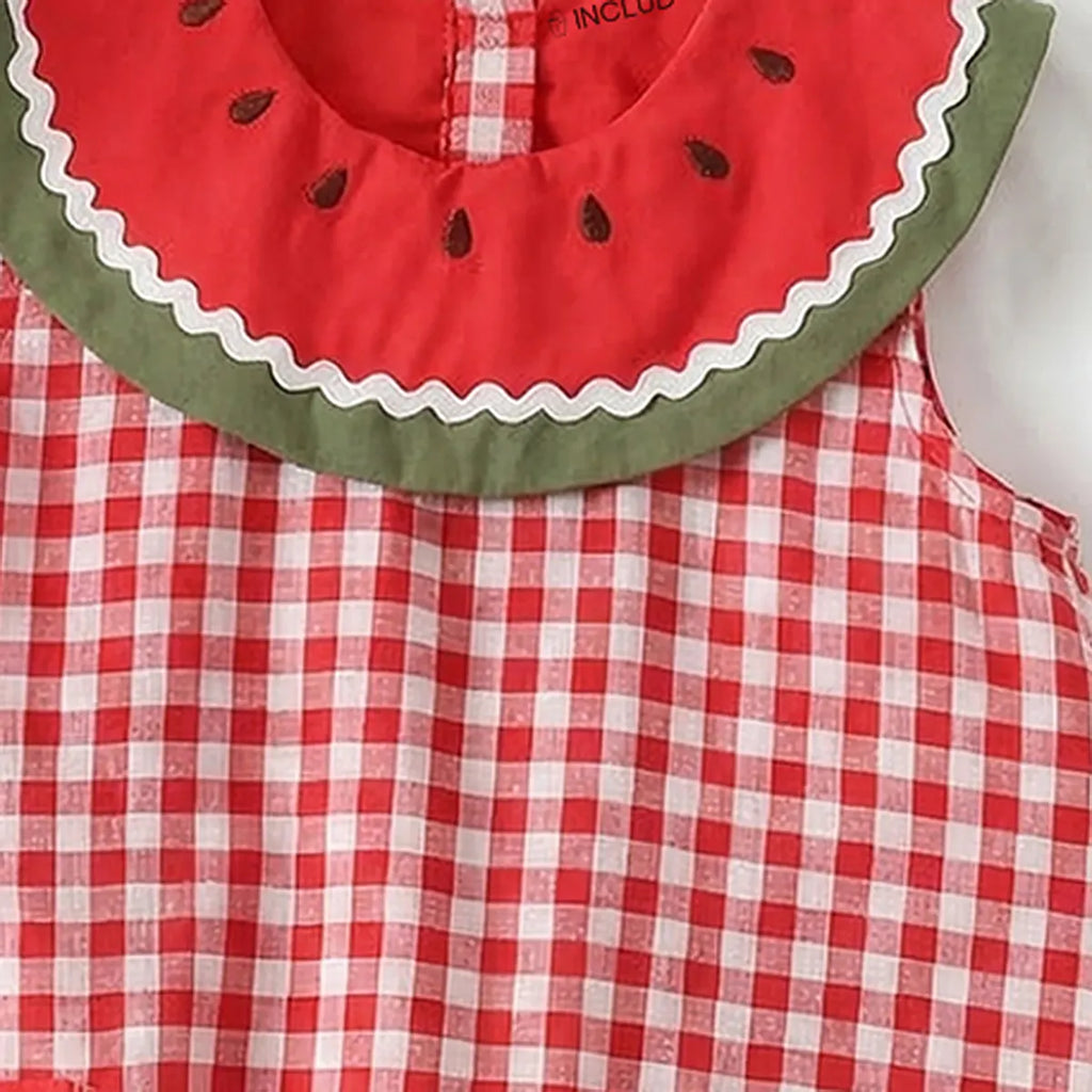 Girls Red Checked Watermelon Theme Sleeveless A-line Dress Casual Dresses