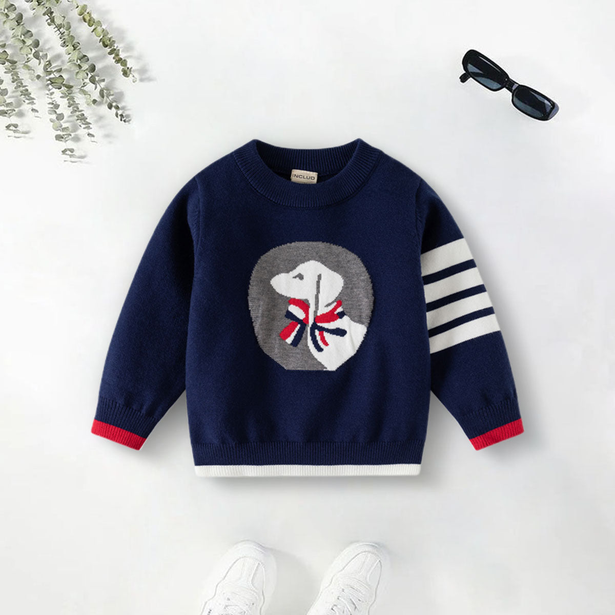 Boys Navy Blue Regular Sweater With Self-Design Puppy Patterns Sweaters & Cardigans Navy Blue 2-3 Y