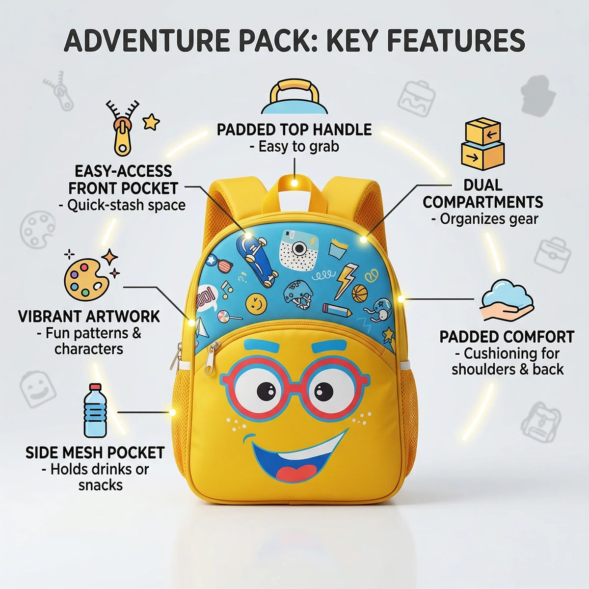 Girls Yellow Cartoon Smiley Face School Backpack Trending Accessories