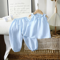 Girls Light Blue Bow Applique Sleeveless Top With Pants Sets 2 pc. Sets Light Blue 1-2 Y